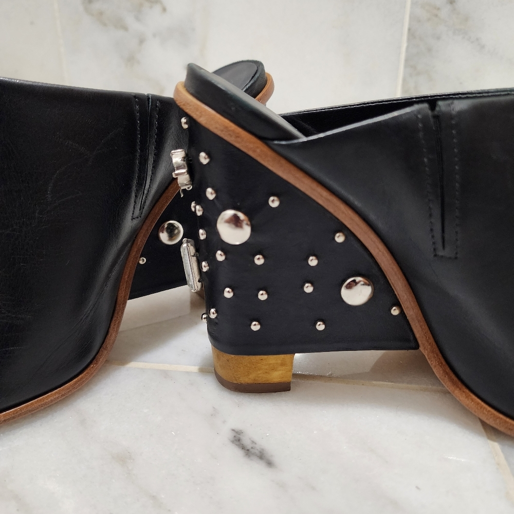 Tibi Britt Mules Black Leather Jeweled Studded Wedge 38 Open Toe - Picture 11 of 16